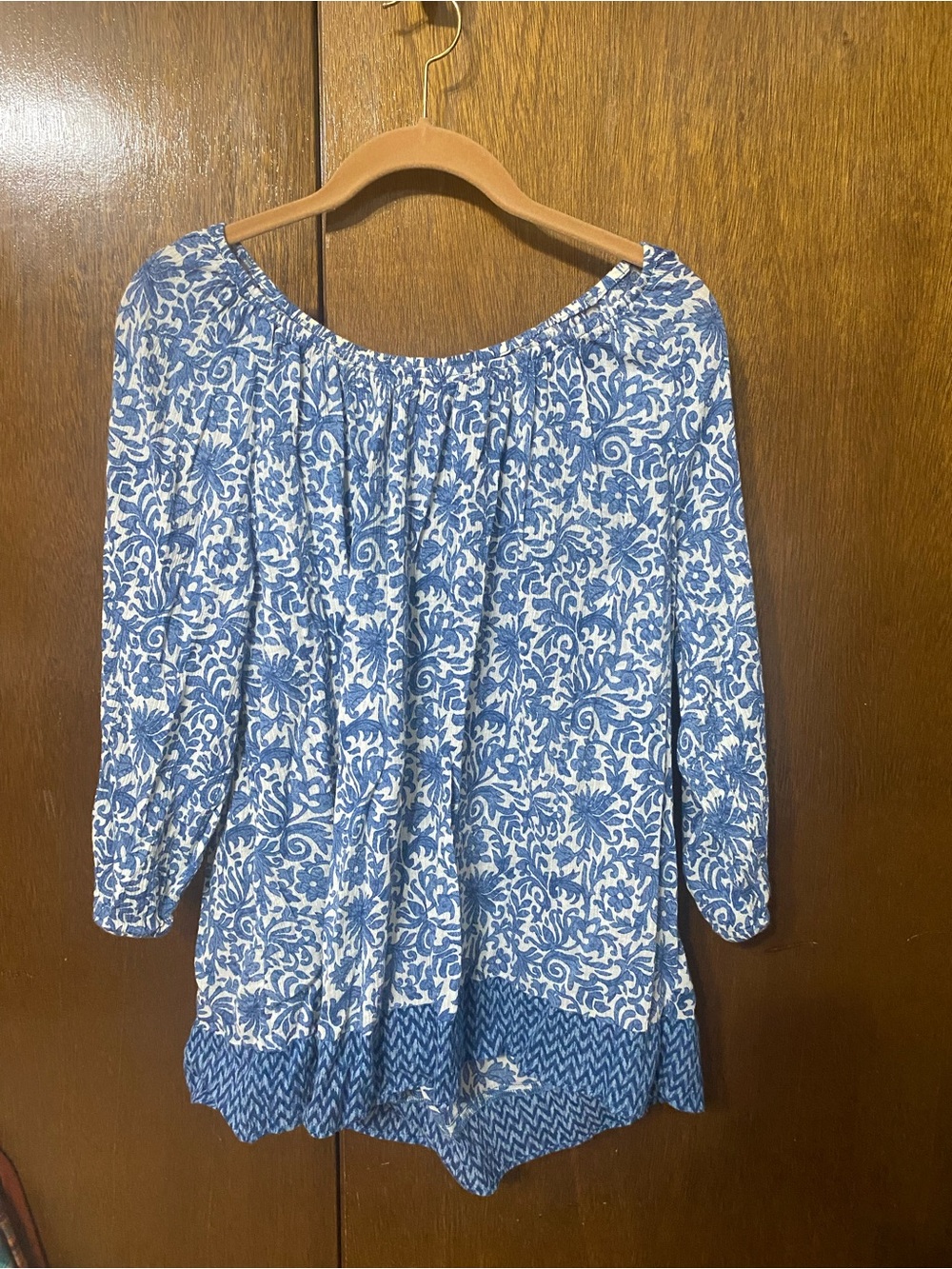 Chaps Blue and White Floral Peasant Blouse